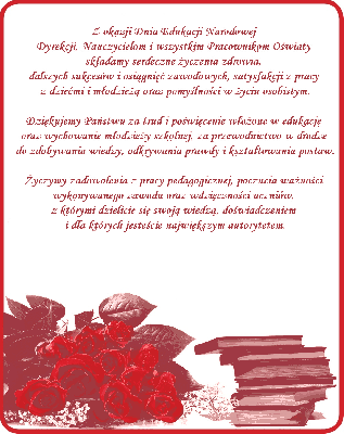 Bukiet czerwonych róż z książkami i życzeniami z okazji dnia Edukacji Narodowej